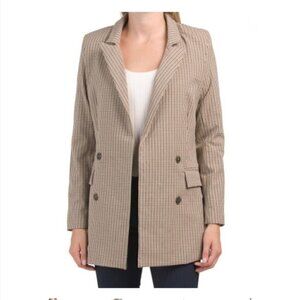 Rachel Zoe Women's M Oversized Tan Checkered Open Front Long Blazer with Pockets